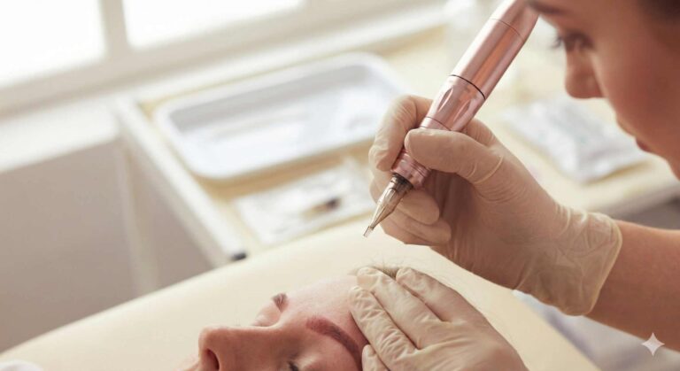 Formation microblading : travail de précision au dermographe sur les sourcils en salon professionnel