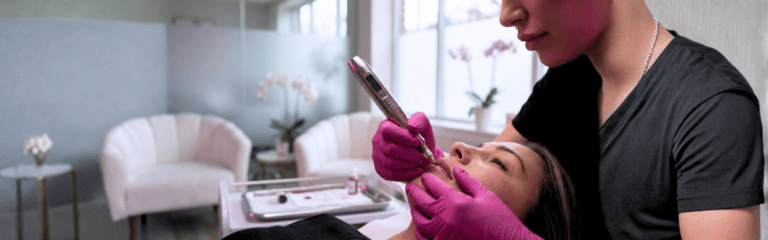 Séance de dermopigmentation des lèvres (Candy Lips) au dermographe électrique, illustrant la Formation Maquillage Permanent en Ligne Premium.