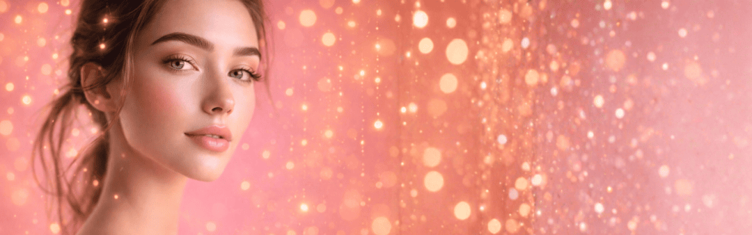 Portrait d’une femme avec maquillage permanent naturel sur fond rose et halo doré