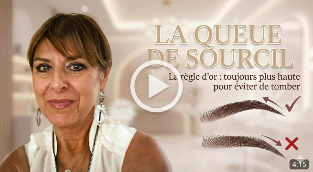 Vignette vidéo YouTube 'La Queue de Sourcil' avec la formatrice, expliquant la règle d'or pour la position de la queue du sourcil.
