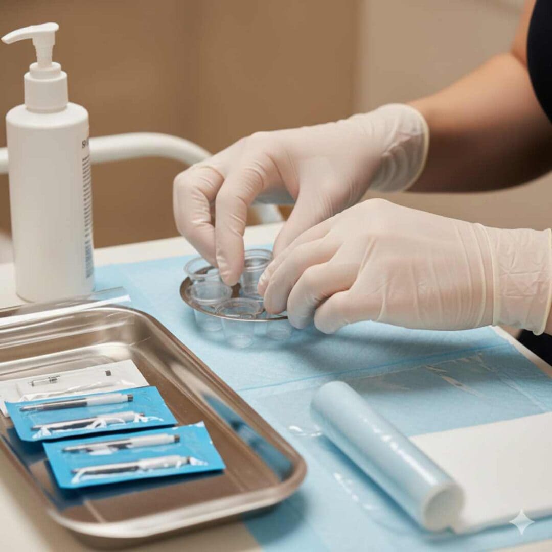 Dermopigmentation : mains gantées préparant le matériel pour une séance professionnelle