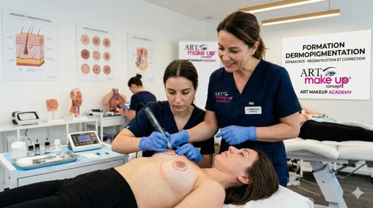 Formation en dermopigmentation réparatrice cpf : formatrice accompagnant une élève lors d’une reconstruction aréolaire en institut spécialisé