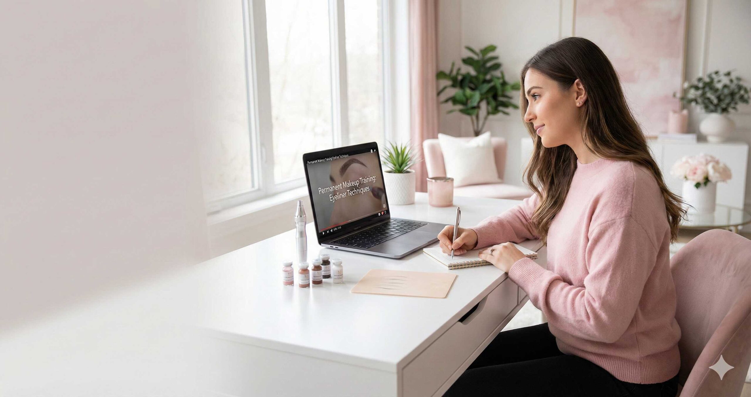 Formation en maquillage permanent : etudiante suivant un cours en ligne avec dermographe