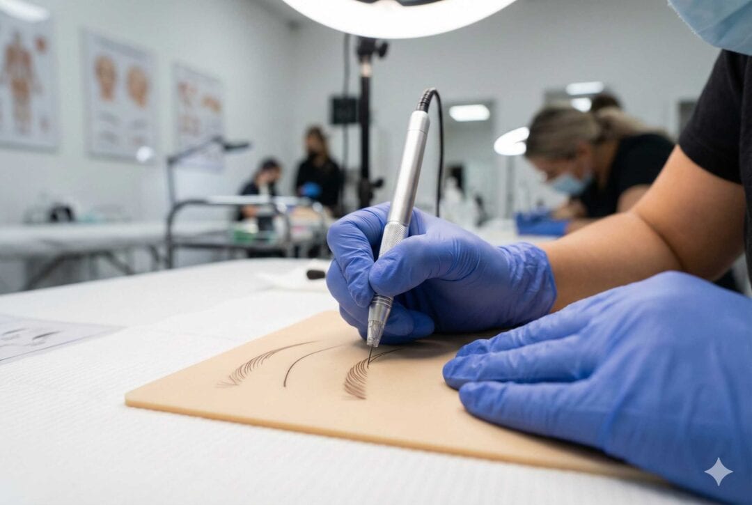 Formation en maquillage permanent : pratique sur peau synthetique au dermographe