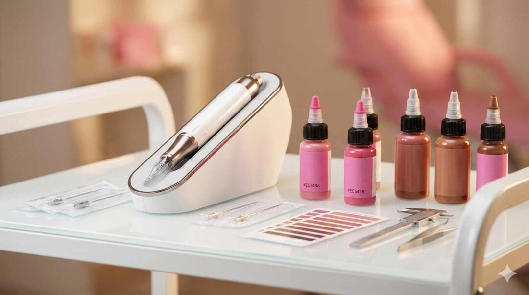 Formation maquillage permanent : dermographe professionnel et pigments de qualite sur un poste de travail