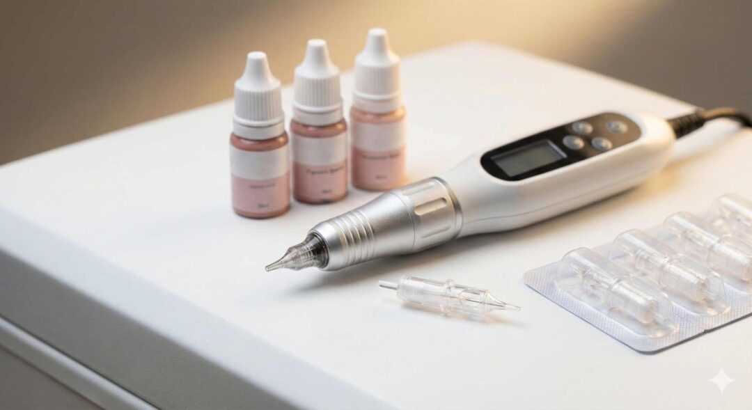 Maquillage permanent : dermographe electronique et pigments professionnels sur un plan de travail