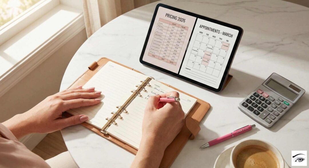 Prix du maquillage permanent : bureau de praticienne avec agenda tablette et calculatrice pour gestion tarifaire