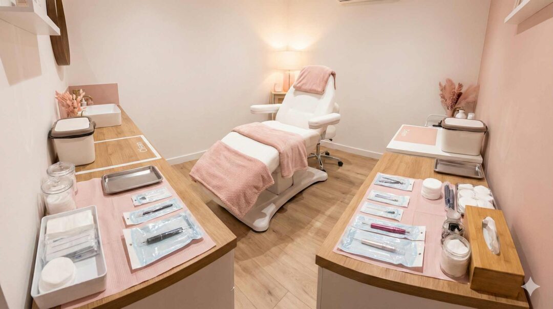 Maquillage permanent : salon professionnel amenage avec materiel de dermopigmentation