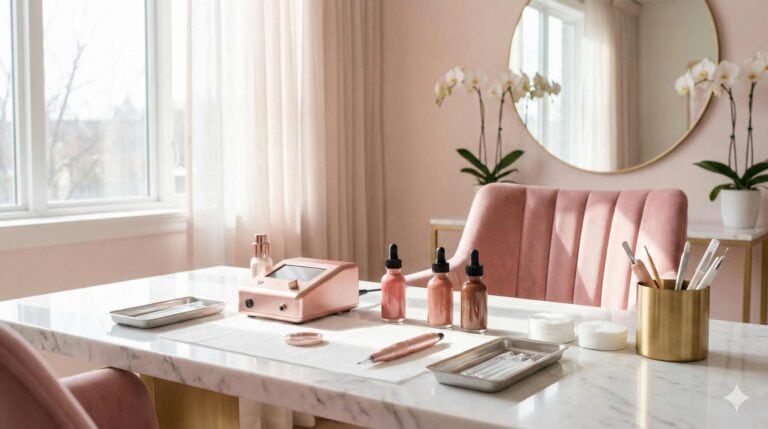 Microblading : poste de travail professionnel de maquillage permanent dans un salon elegant