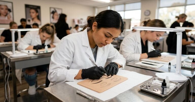 etudiante microblading formation peau synthetique dermographe