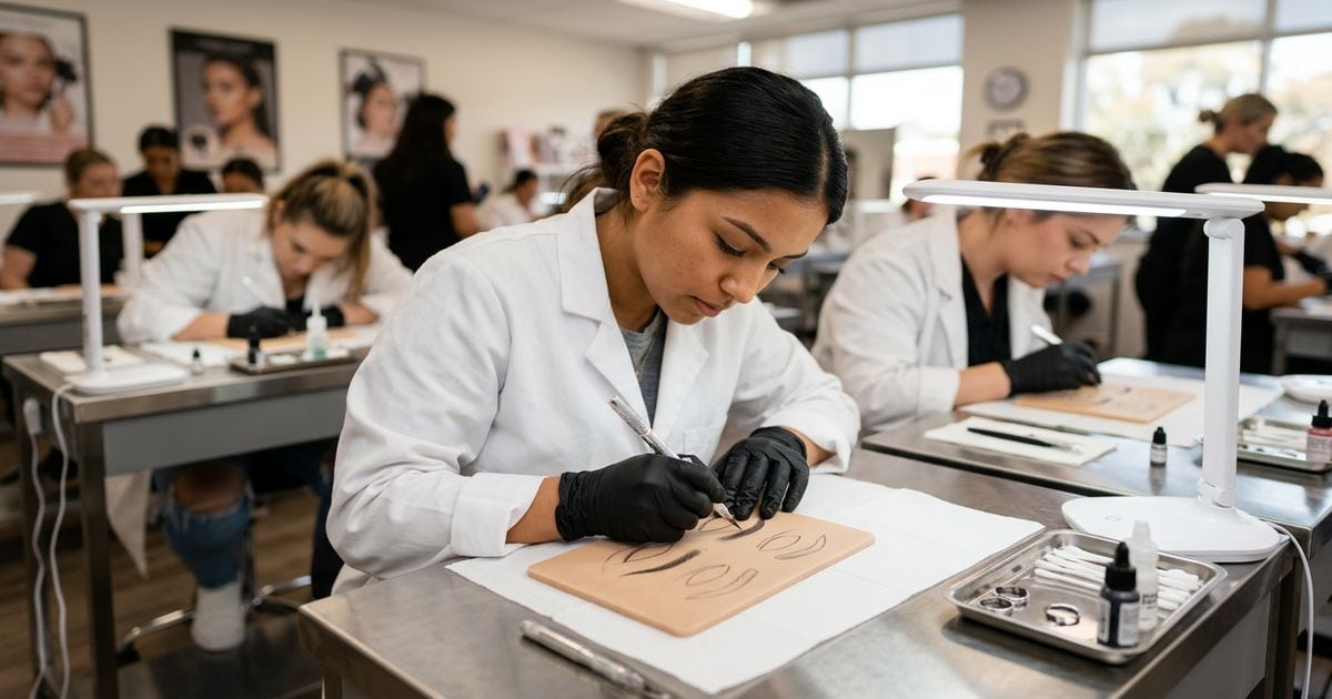 etudiante microblading formation peau synthetique dermographe