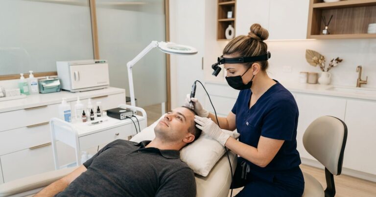 dermopigmentation capillaire : praticienne en seance sur le cuir chevelu