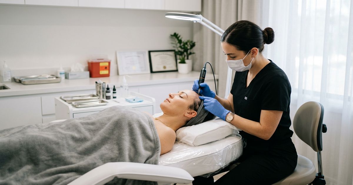 praticienne en séance de dermopigmentation cheveux sur une cliente allongée
