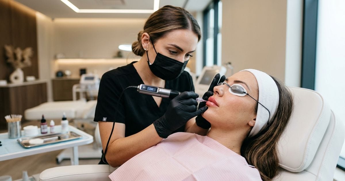 seance de dermopigmentation des levres avec dermographe professionnel