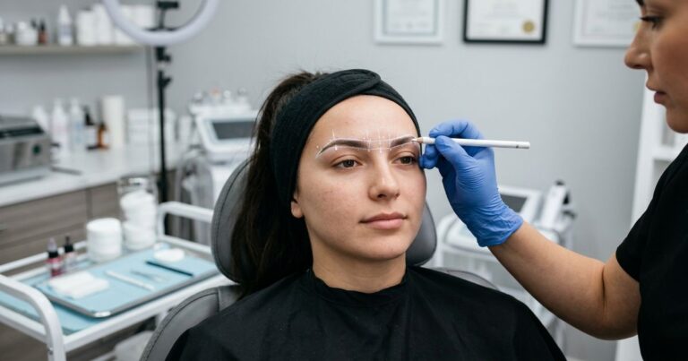 emploi microblading praticienne dessinant patron sourcils avant seance