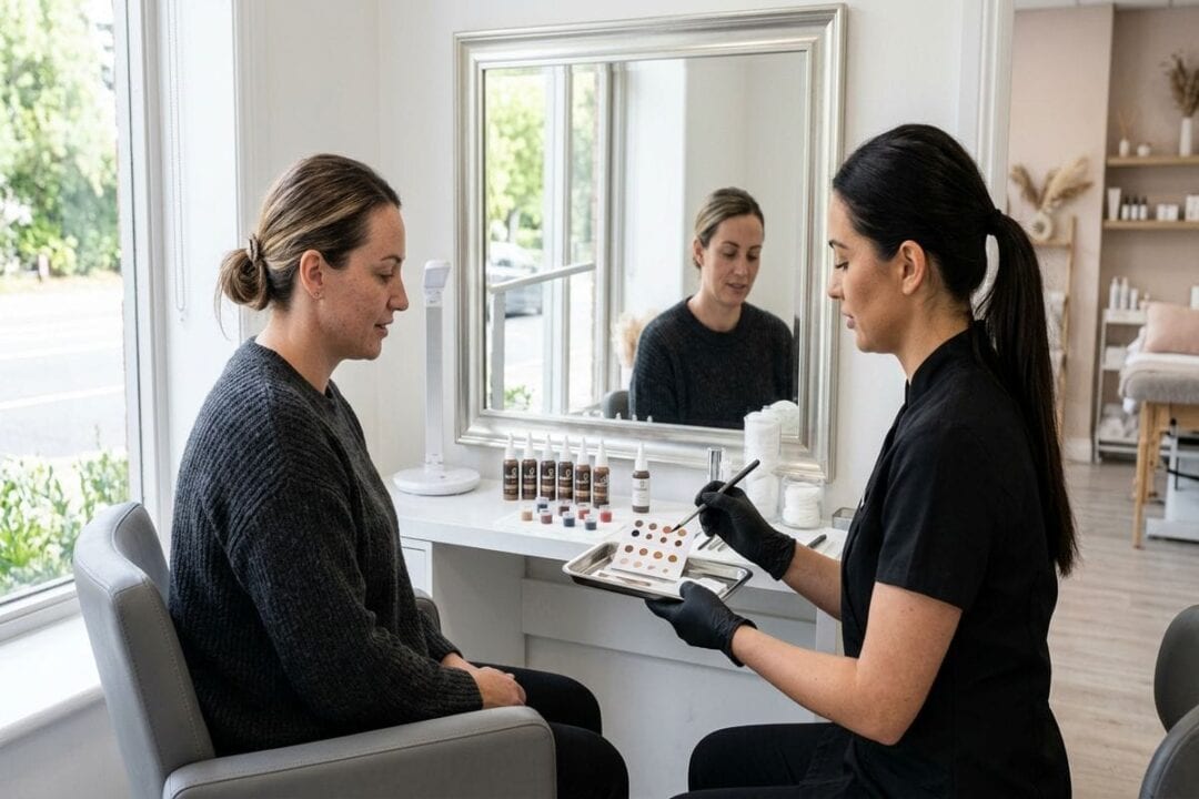 consultation dermopigmentation client miroir nuancier salon professionnel