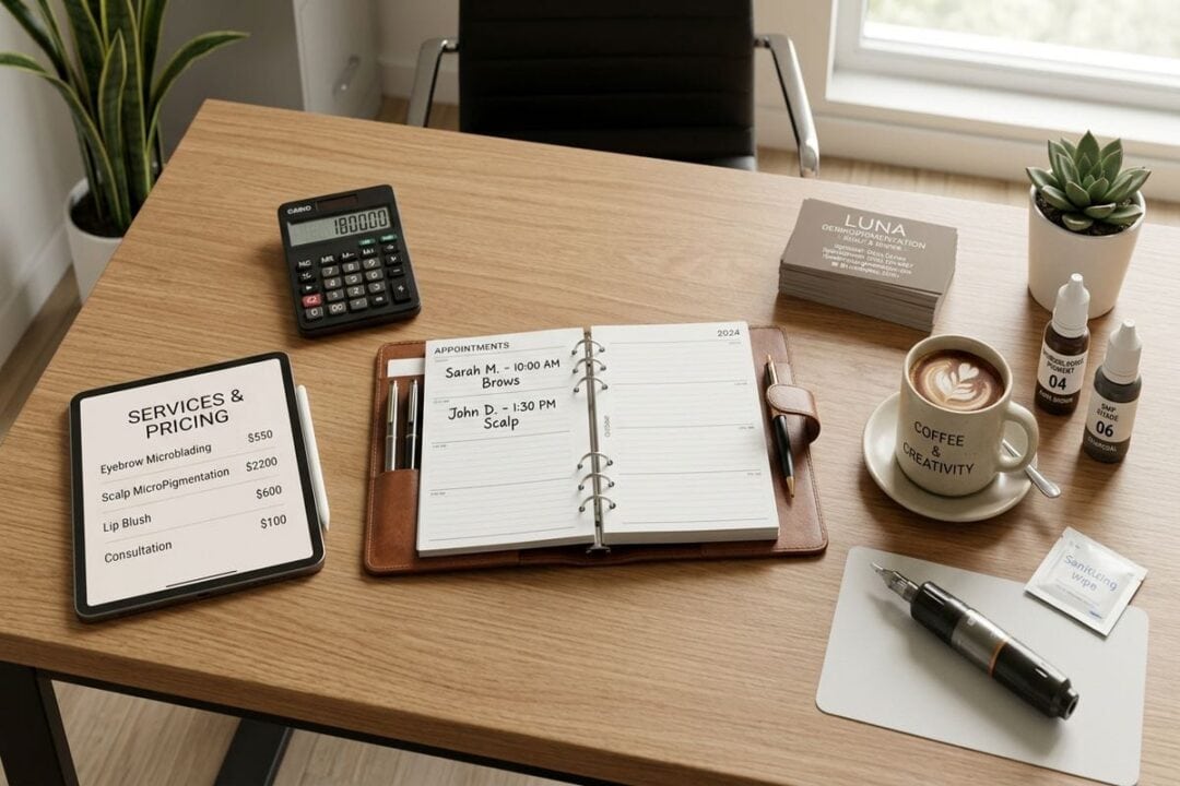 bureau praticienne dermopigmentation agenda tablette calculatrice investissement formation