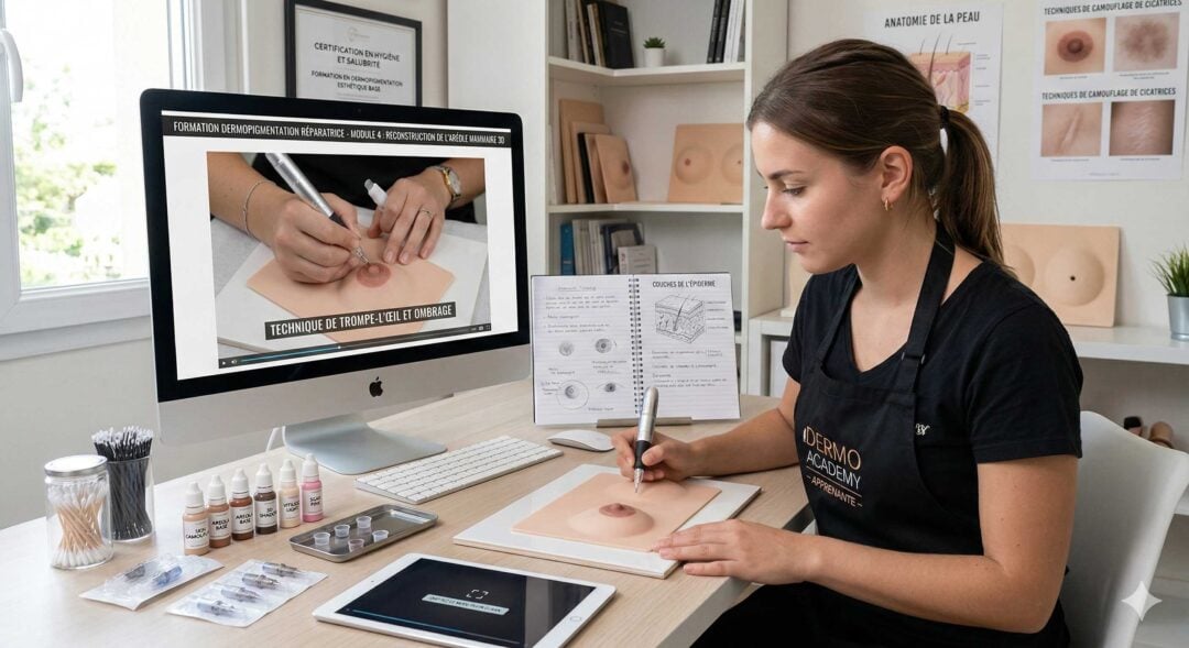 Apprenante suivant une formation en dermopigmentation réparatrice CPF avec pratique de reconstruction aréolaire et module e-learning