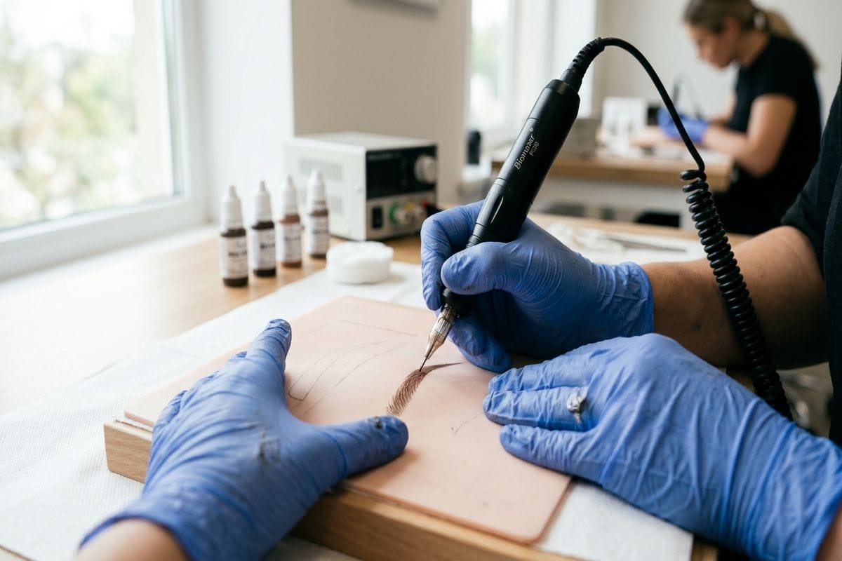 Formation microblading CPF : manuel de formation ouvert avec peau synthétique et matériel pédagogique