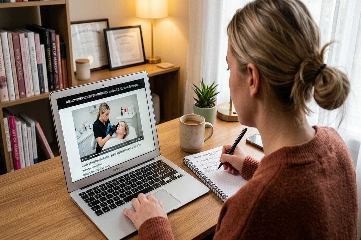 Formation microblading CPF : élève pratiquant les techniques sur peau synthétique