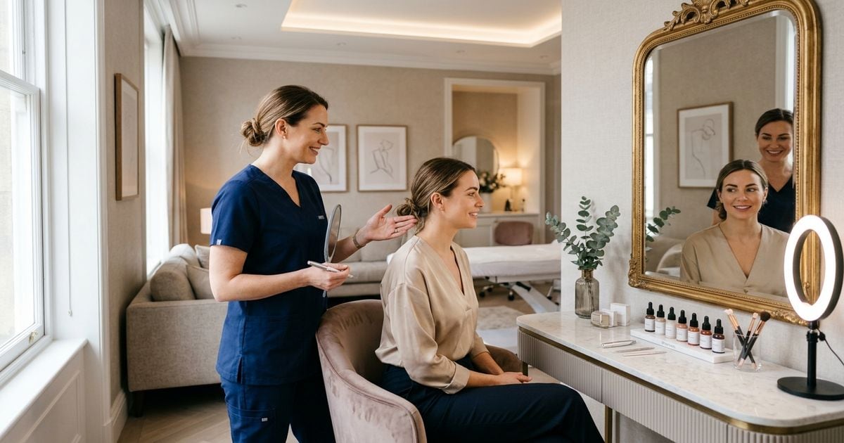 formation microblading tarif : cliente en consultation face a un miroir