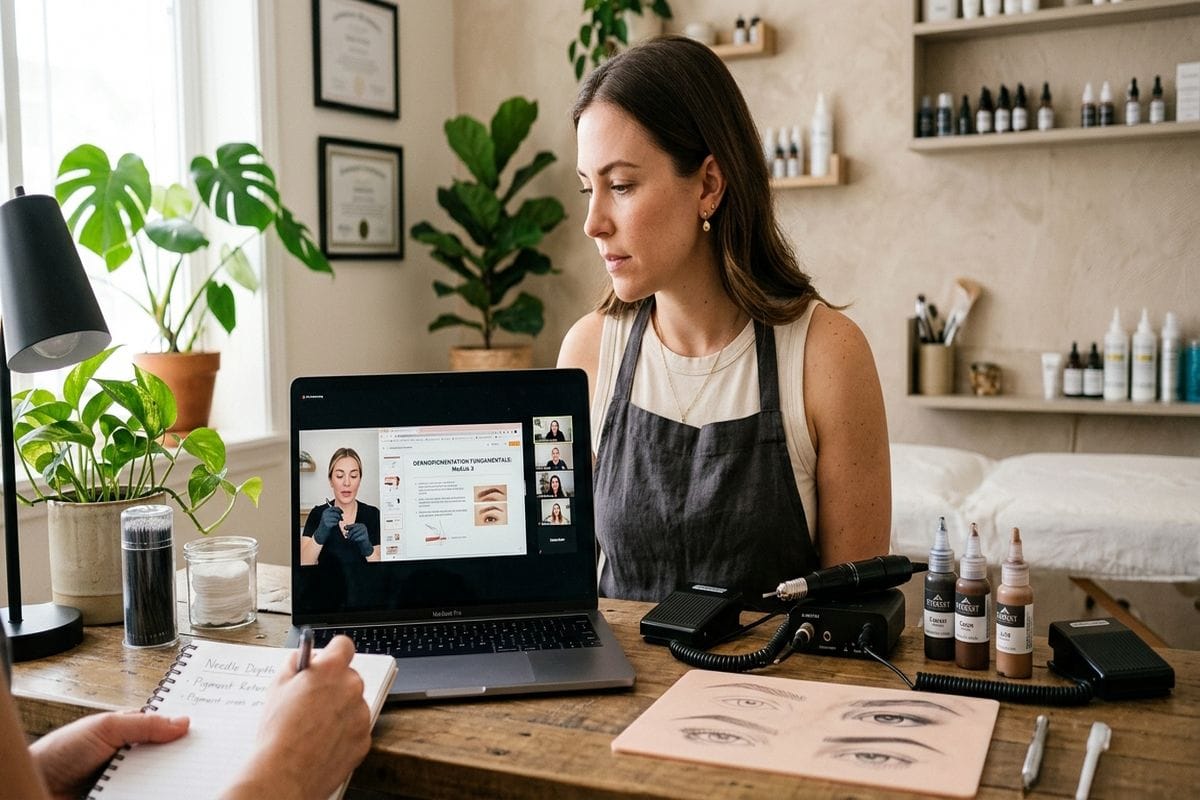 Formation microblading tarif : élève pratiquant sur peau synthétique au dermographe