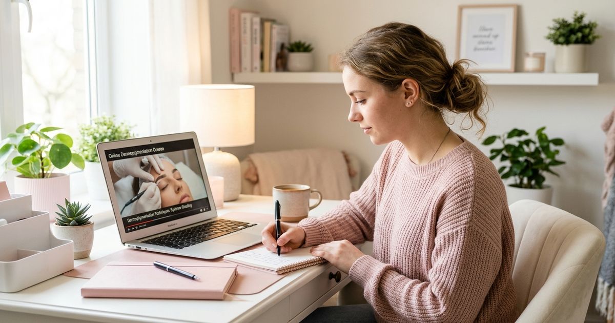 etudiante en formations maquillage permanent prenant des notes sur ordinateur