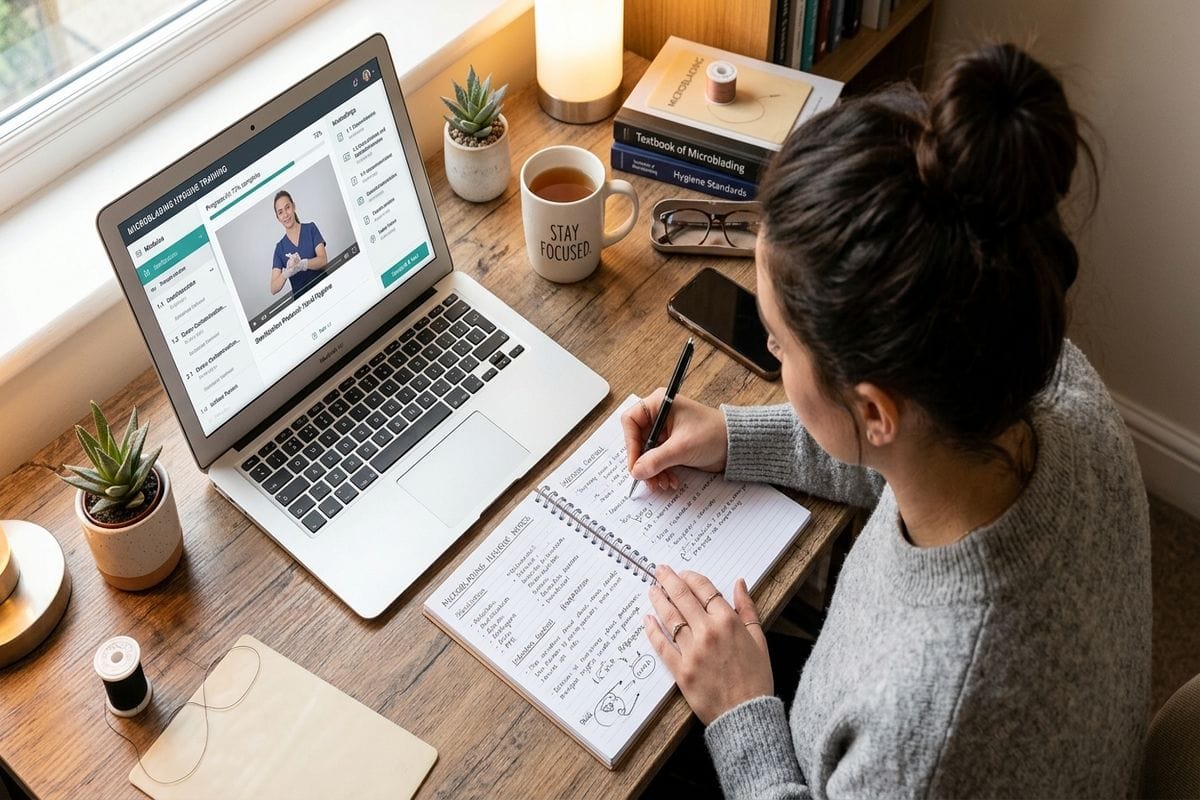 Hygiène microblading : attestation de formation réglementaire affichée dans un salon professionnel