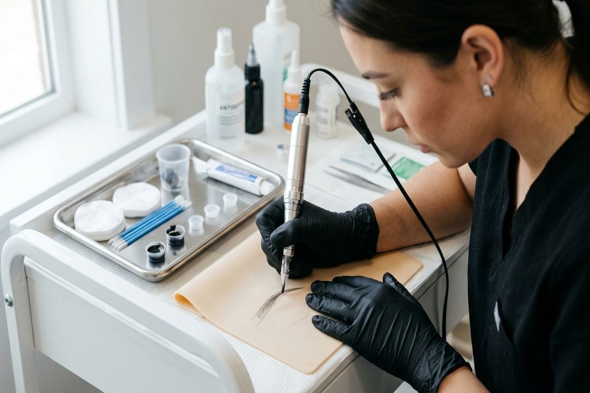 Hygiène microblading : pigments homologués en flacons alignés pour la dermopigmentation