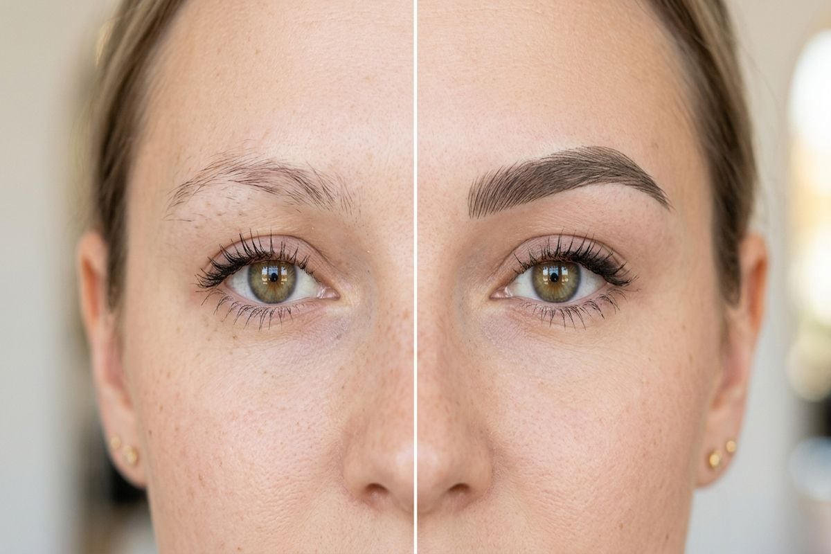 Maquillage permanent des sourcils avant après : résultat split-screen gros plan