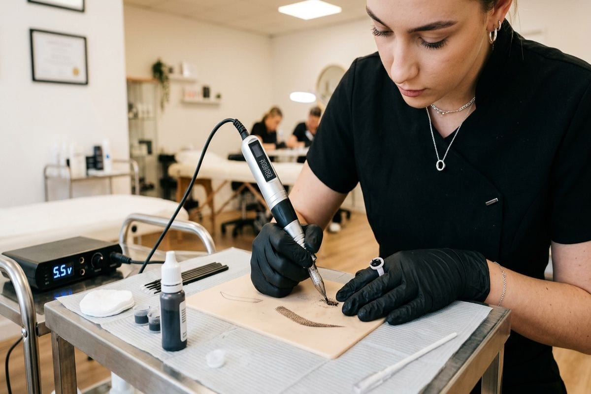 Maquillage permanent Lausanne : apprenante suivant une formation en ligne depuis chez elle