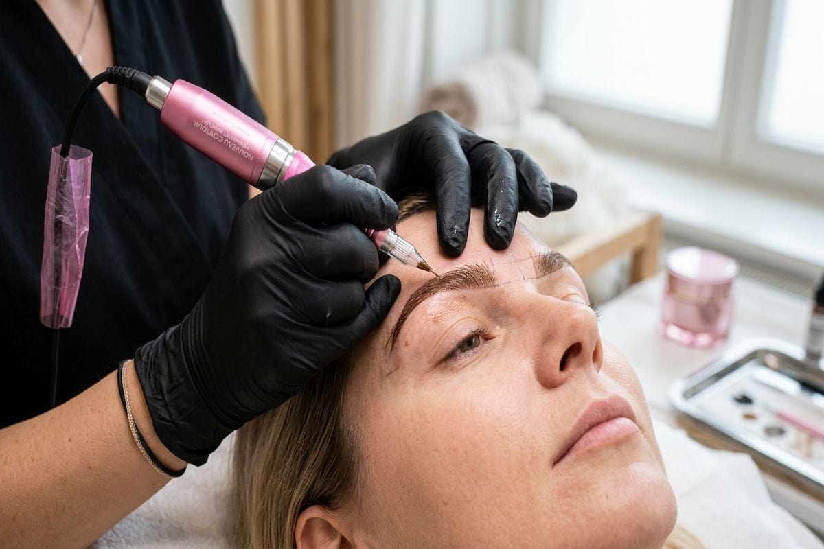 Séance maquillage permanent lyon dermographe sourcils gros plan