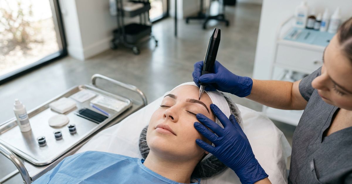 praticienne realisant un maquillage permanent sourcils au dermographe