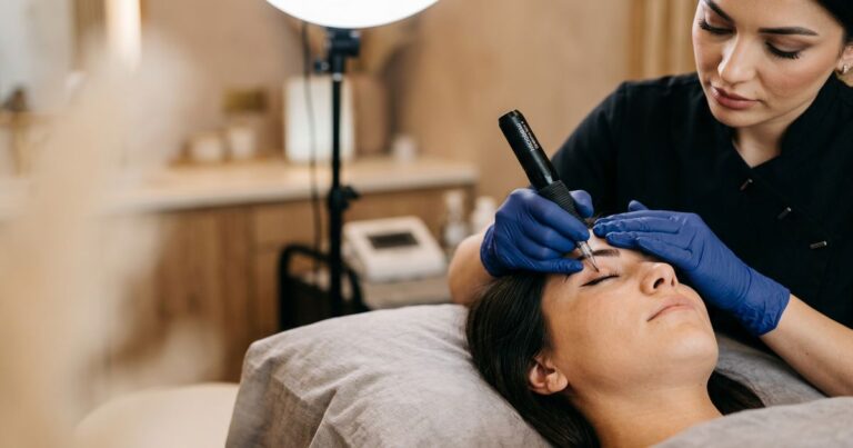 maquillage permanent yeux : praticienne appliquant un eye-liner permanent sur cliente