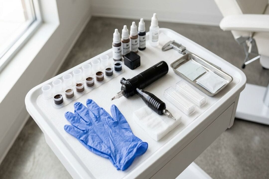 maquillage permanent yeux : poste de travail sterile avec dermographe et pigments