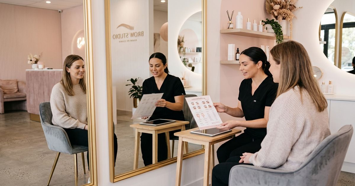 microblading prix : consultation cliente face miroir institut