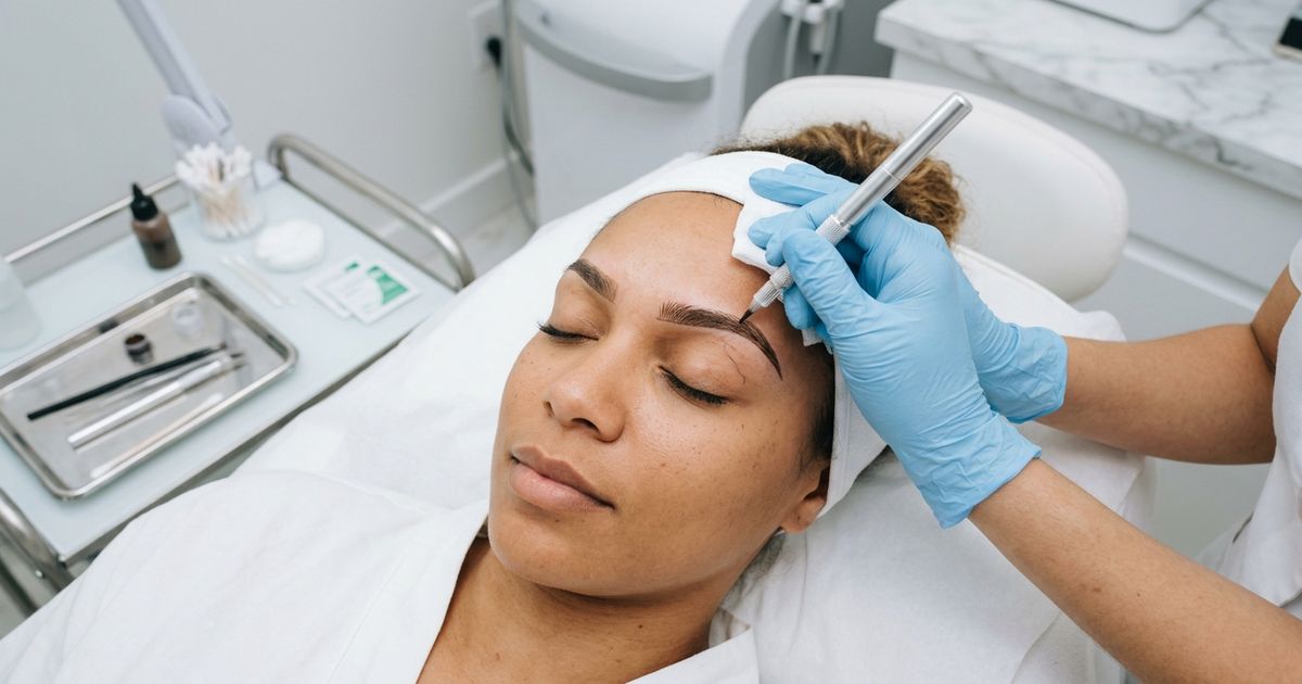 microblading sourcil : mains gantees realisant une seance de micropigmentation