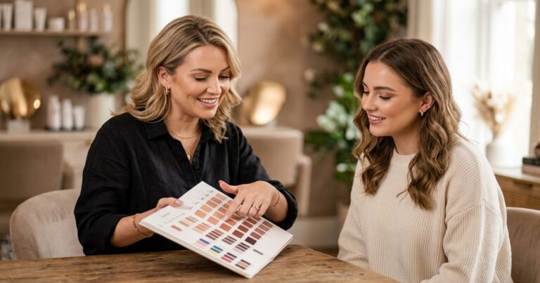 praticienne montrant nuancier pigments a sa cliente conseil microblading tarif