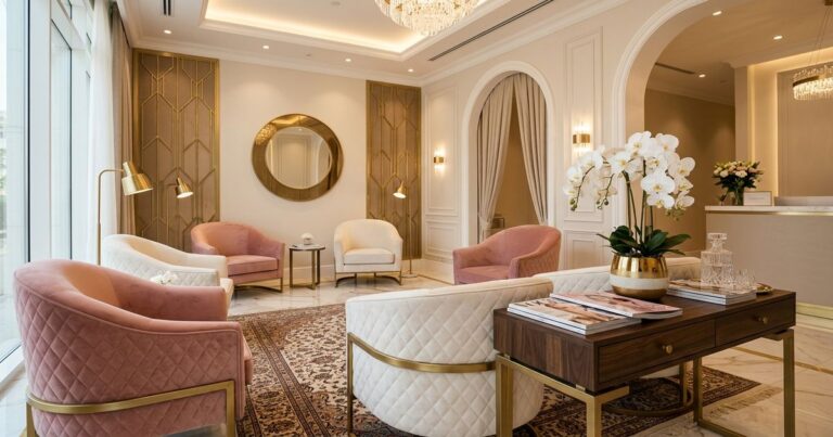 prix formation maquillage permanent : salle attente salon esthetique premium rose et blanc