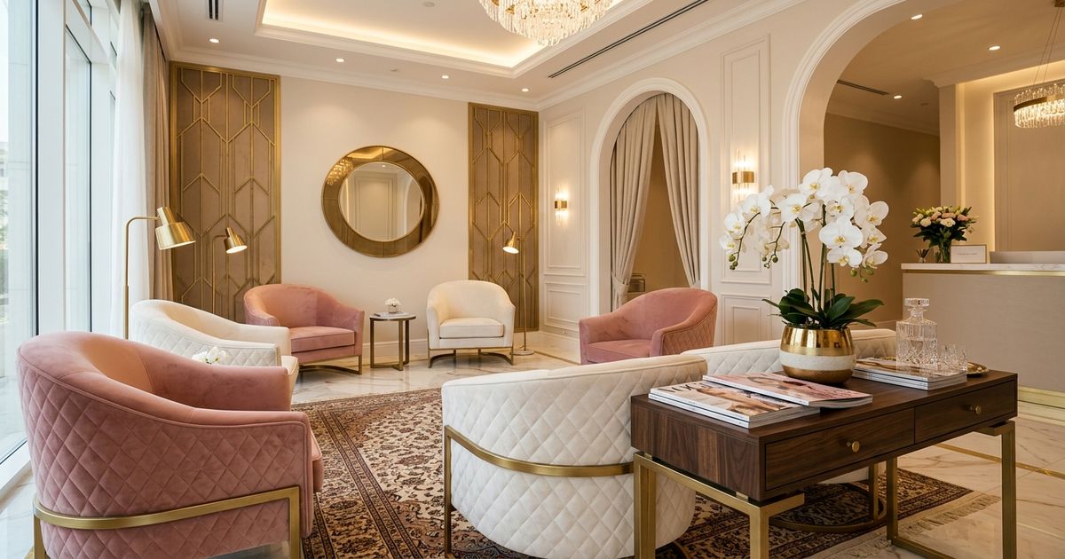 prix formation maquillage permanent : salle attente salon esthetique premium rose et blanc