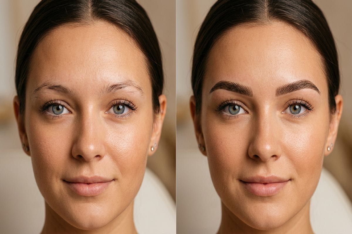 Prix microblading sourcils : gros plan d'une séance au dermographe sur la zone sourcils