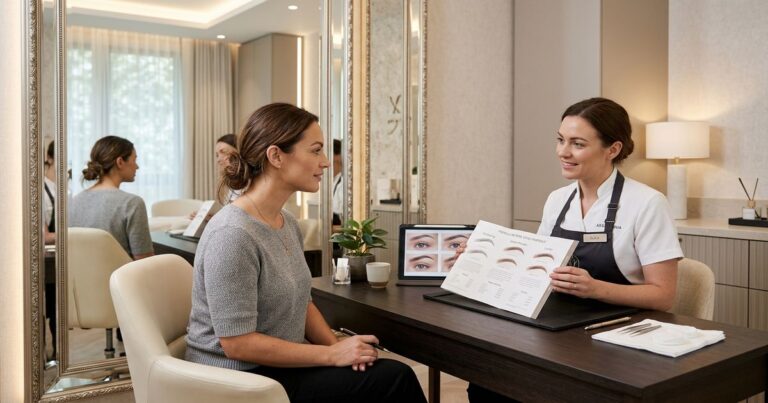 prix microblading sourcils consultation cliente face miroir institut