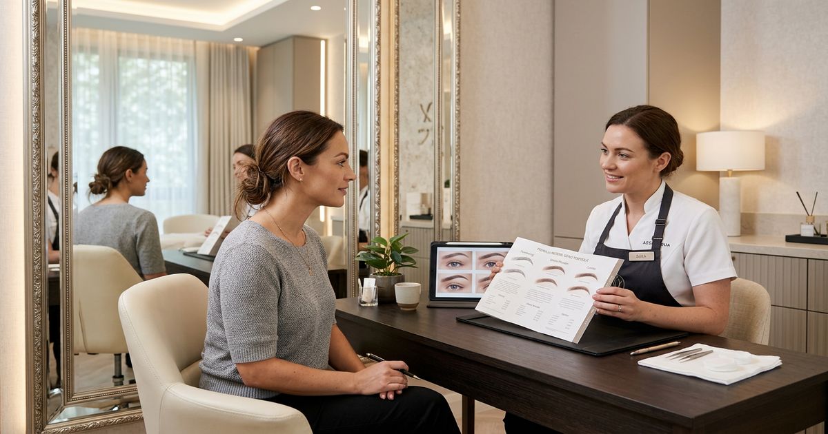 prix microblading sourcils consultation cliente face miroir institut