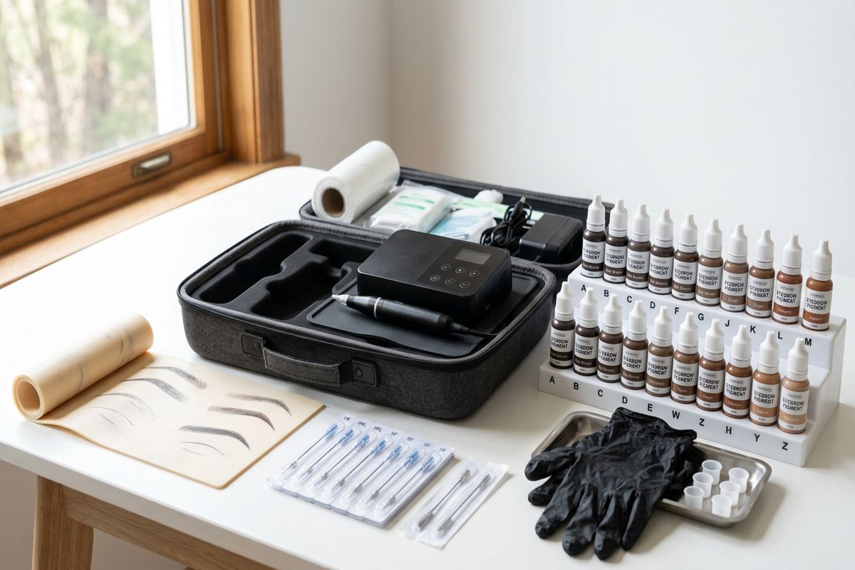 Prix microblading sourcils : praticienne présentant un nuancier de pigments à une cliente