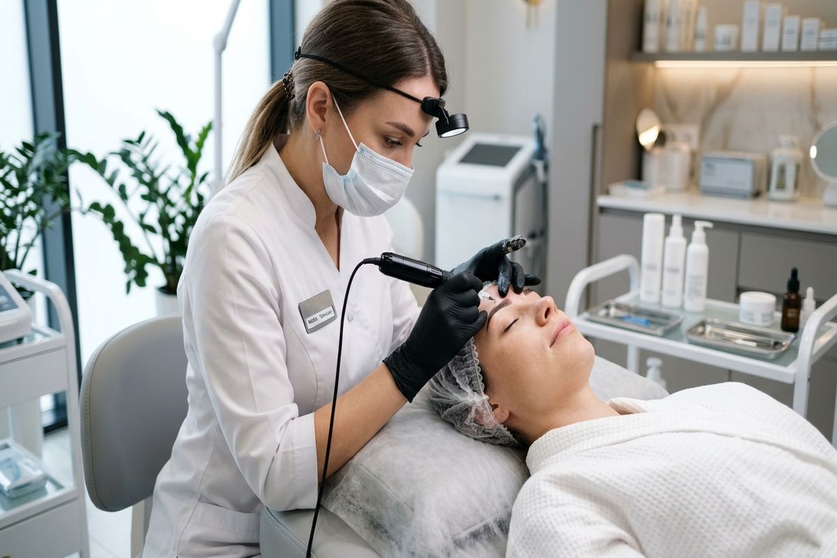 Formation dermopigmentation en ligne : apprenante suivant un module vidéo sur ordinateur