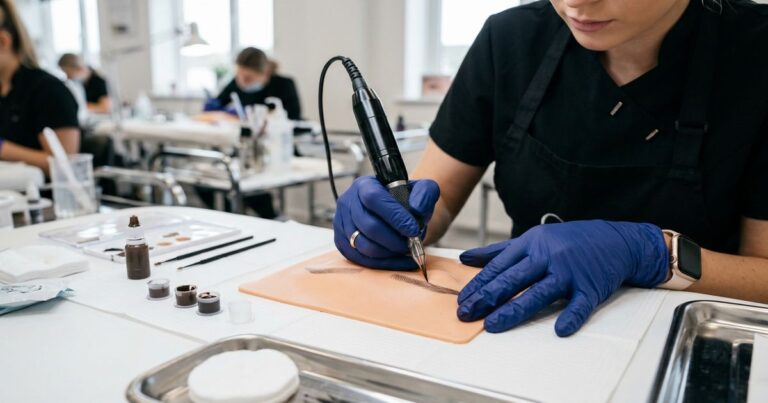 eleve pratiquant devenir dermographe maquillage permanent sur peau synthetique