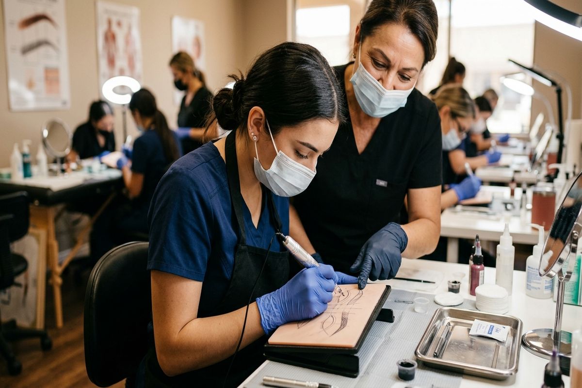 Formation microblading prix — élève pratiquant sur peau synthétique au dermographe