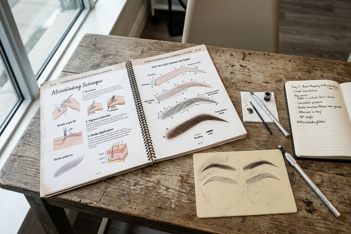 formation sourcil microblading — manuels pédagogiques et stylet sur table de travail