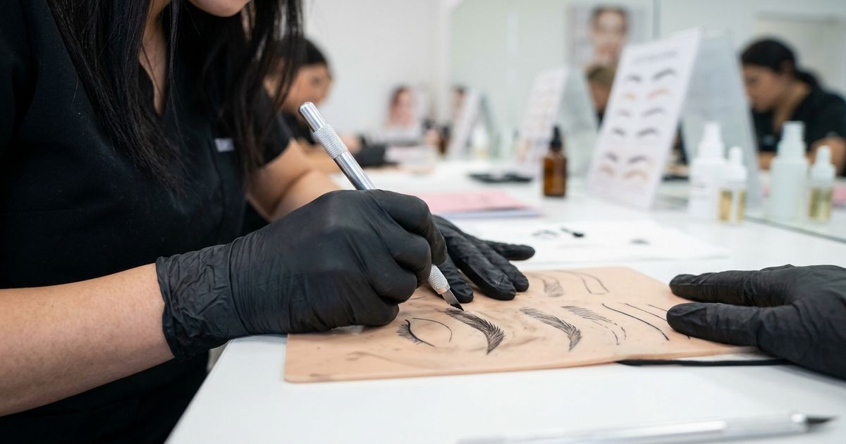formation sourcil microblading eleve pratique dermographe peau synthetique
