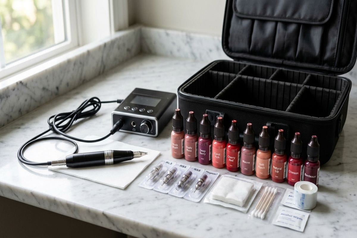 Maquillage permanent lèvres tarif : praticienne présentant un nuancier de pigments pour choisir la teinte